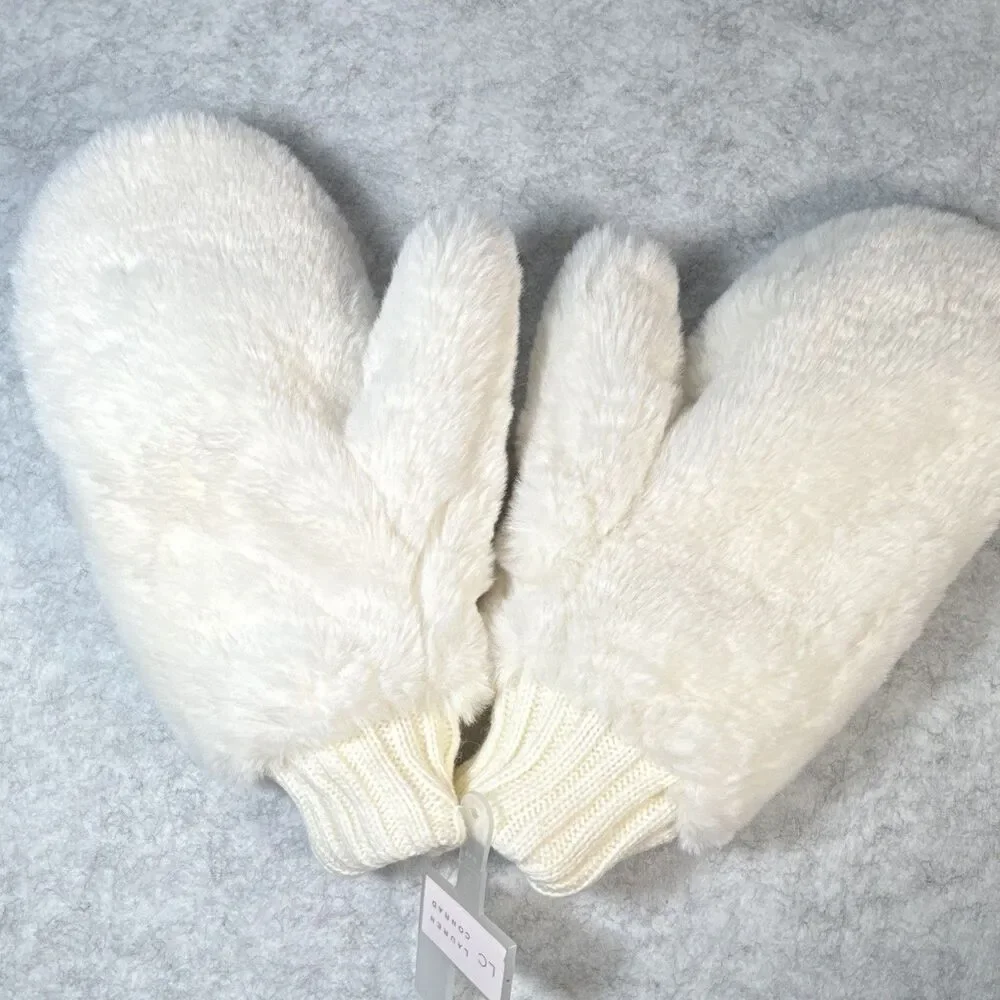 LC Lauren Conrad Women's White Faux Fur Knit Mittens Ribbed Cuff One Size